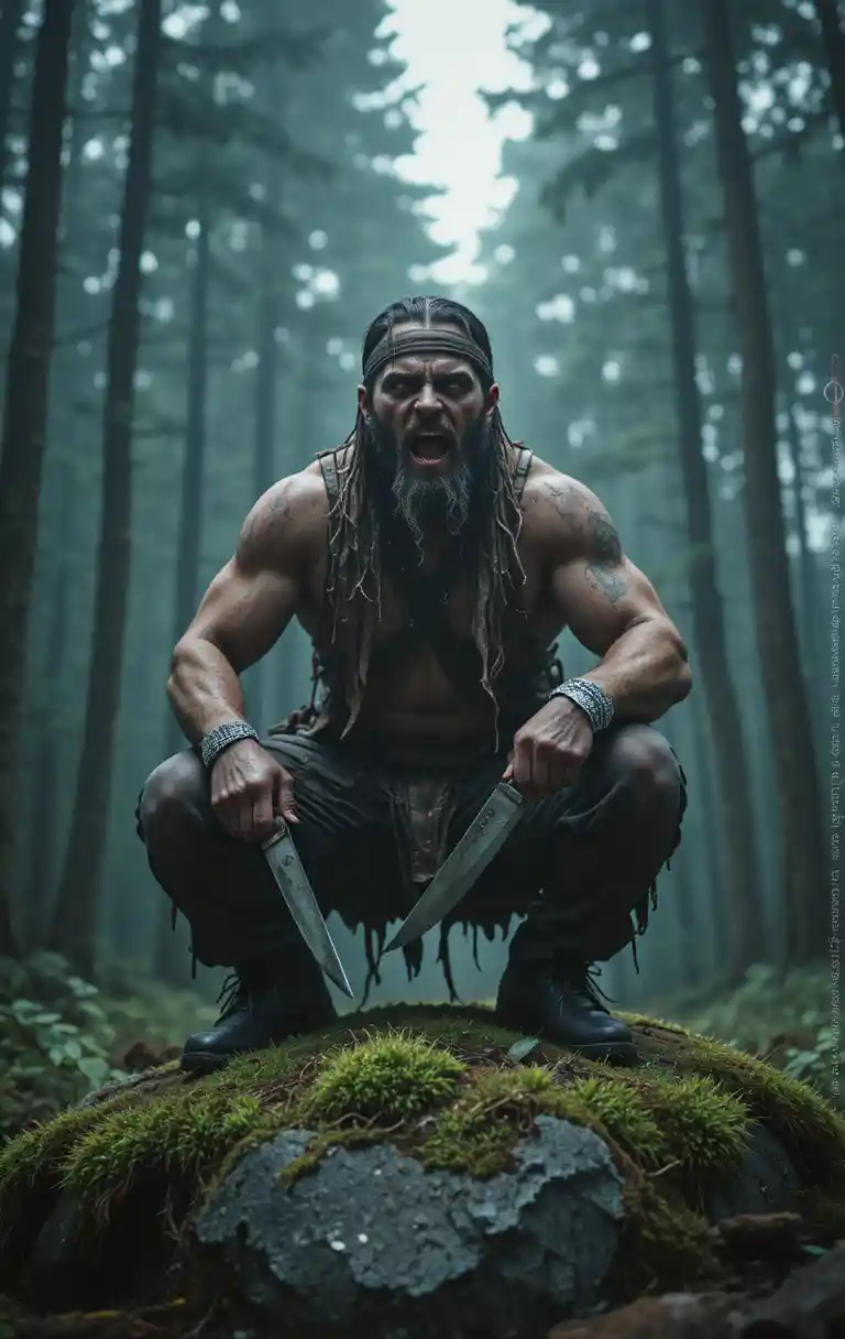 Knife wielding man crouching on mossy rock in dark forest