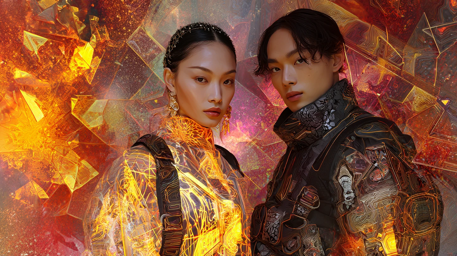 Double exposure portrait of armored figures in summer inferno