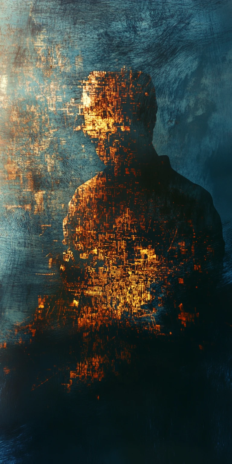 Figure resting in indigo twilight with geometric digital forms
