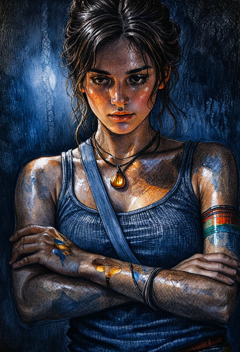 Pensive woman lit by glowing amber pendant in darkness