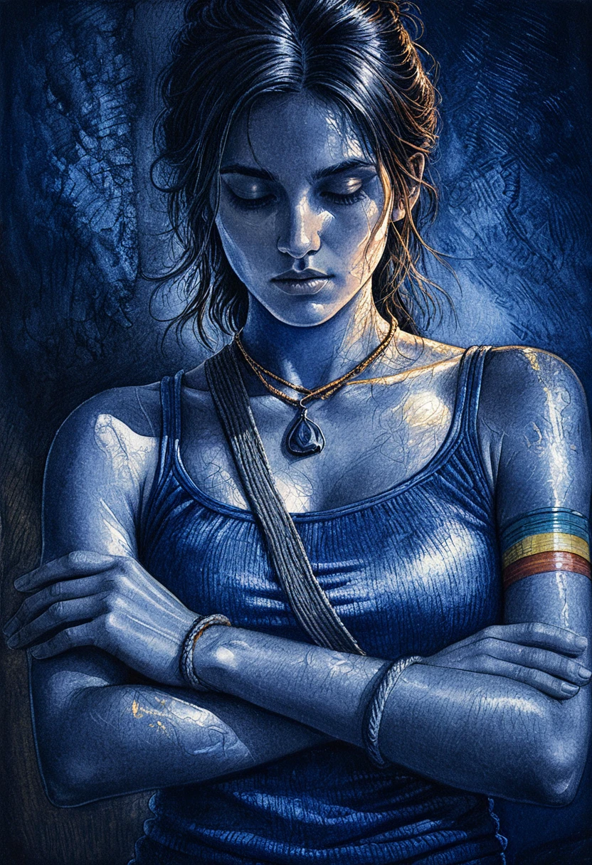 Contemplative woman lit by glowing amber pendant