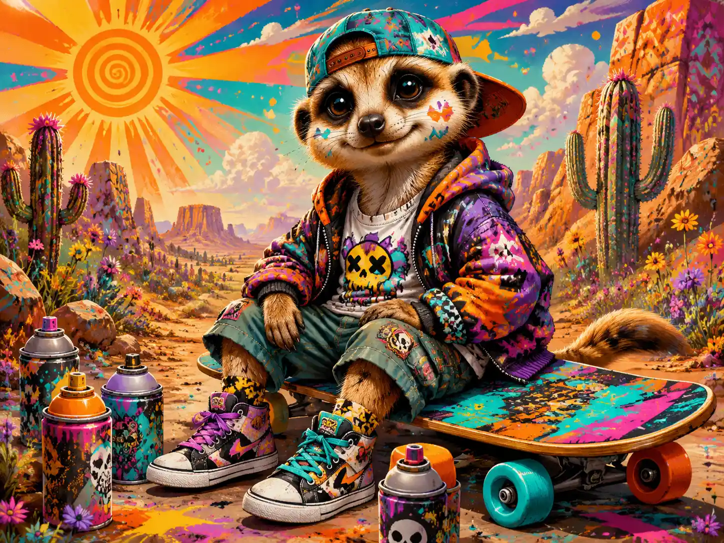 Playful Baby Meerkat Skater In Colorful Desert Scene