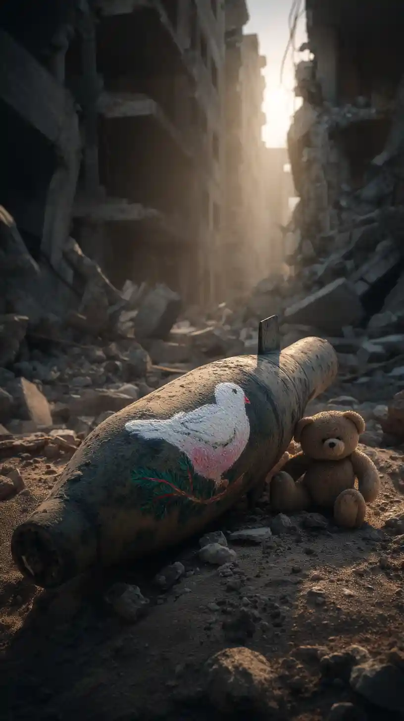 Unexploded bomb and teddy bear in ruined city light