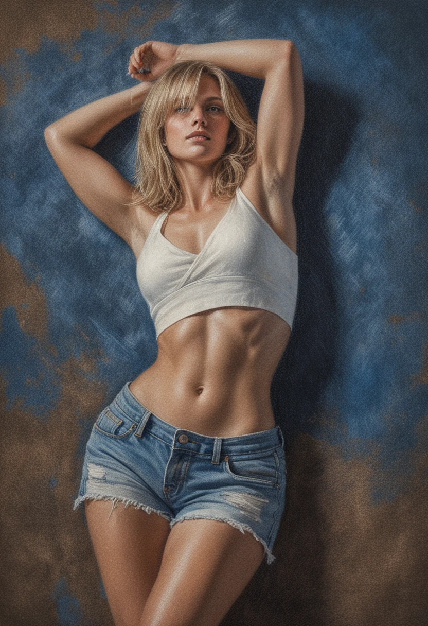Athletic blonde woman lying back in top down view