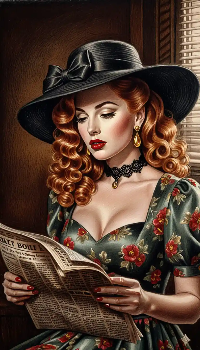 Mulher pin-up vintage lendo jornal em luz sombria