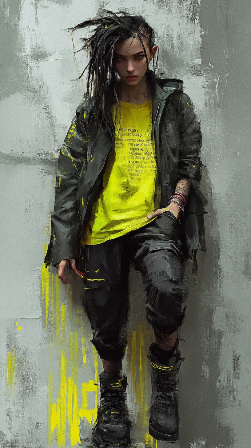 Androgynous figure in neon streetwear with yellow paint splashes