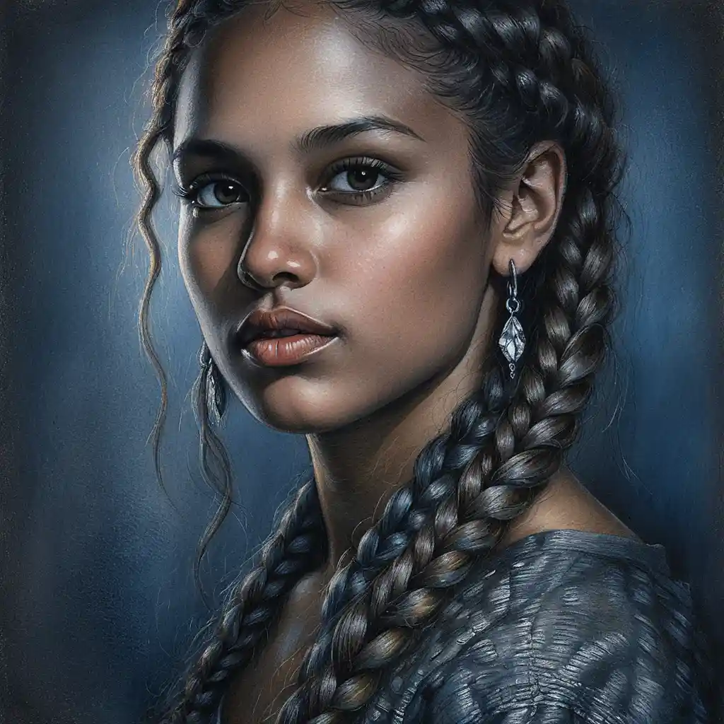 Moody portrait of a girl with braids and grey blue eyes