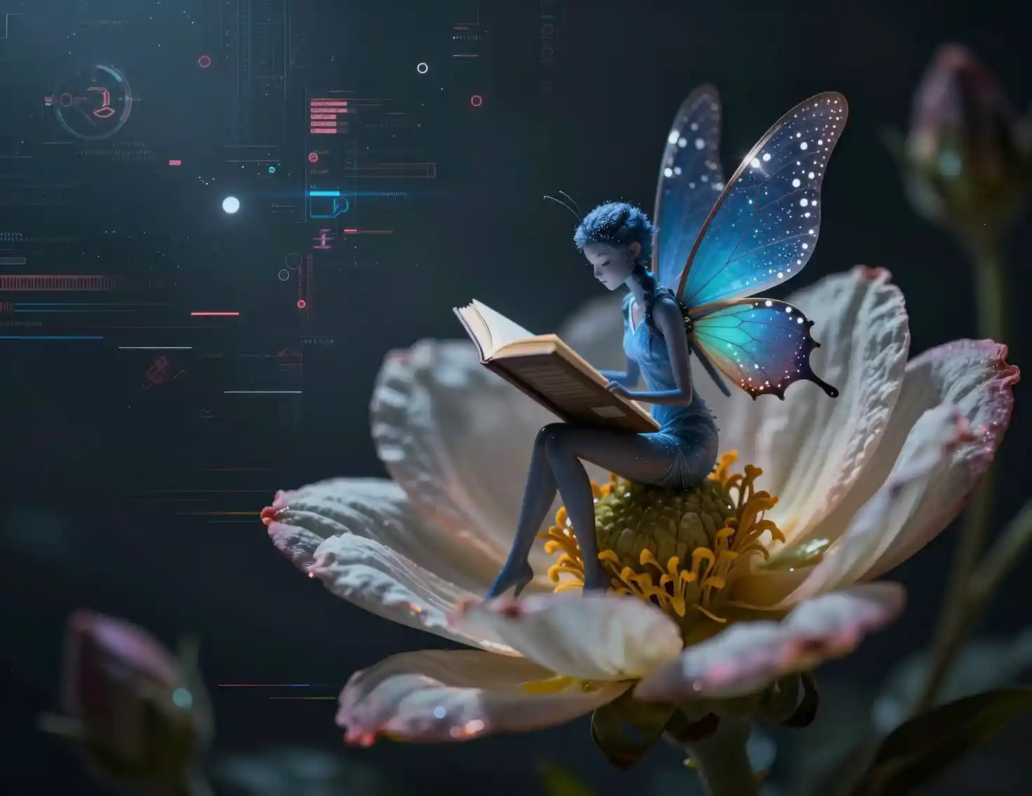 Blue winged fairy reading inside a blooming flower