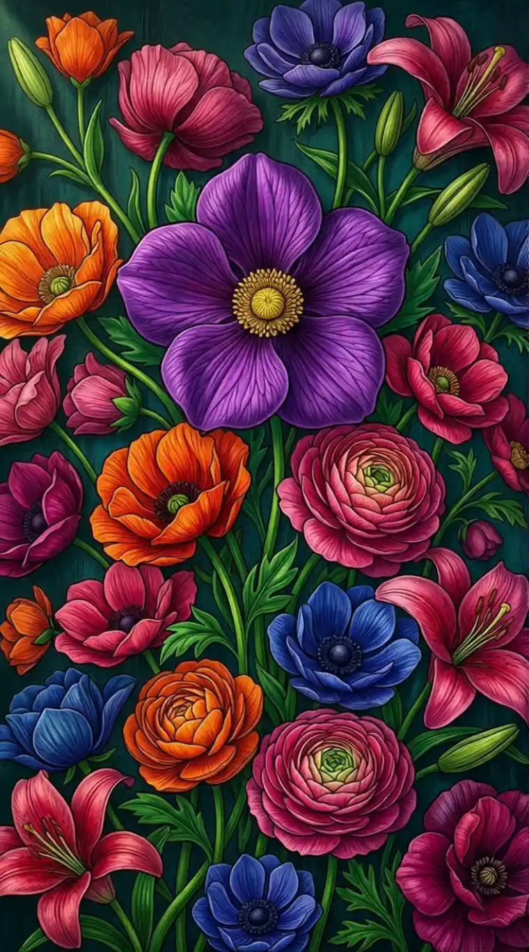 Colorful abstract flowers on a dark textured background