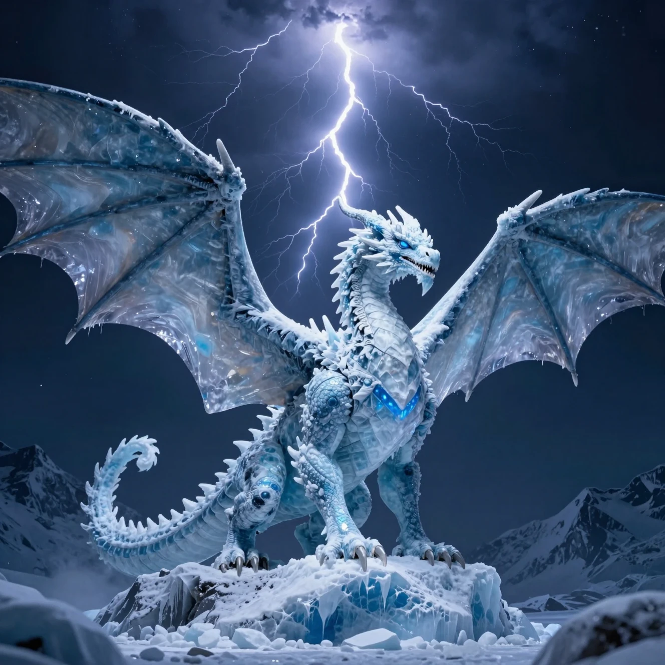 Massive ice dragon with wings spread under stormy night sky