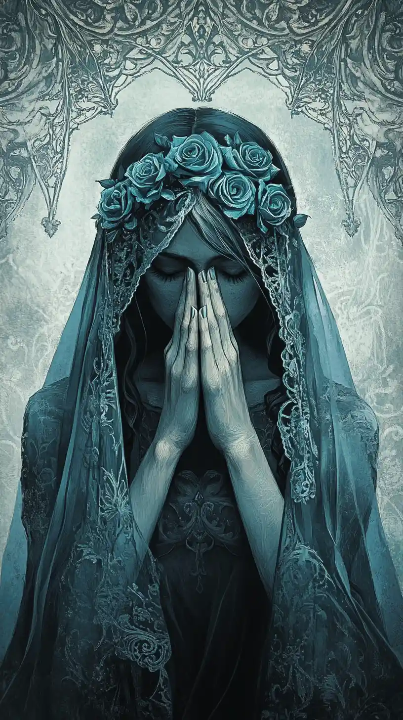 Gothic woman covering her ears with flowing veil and roses