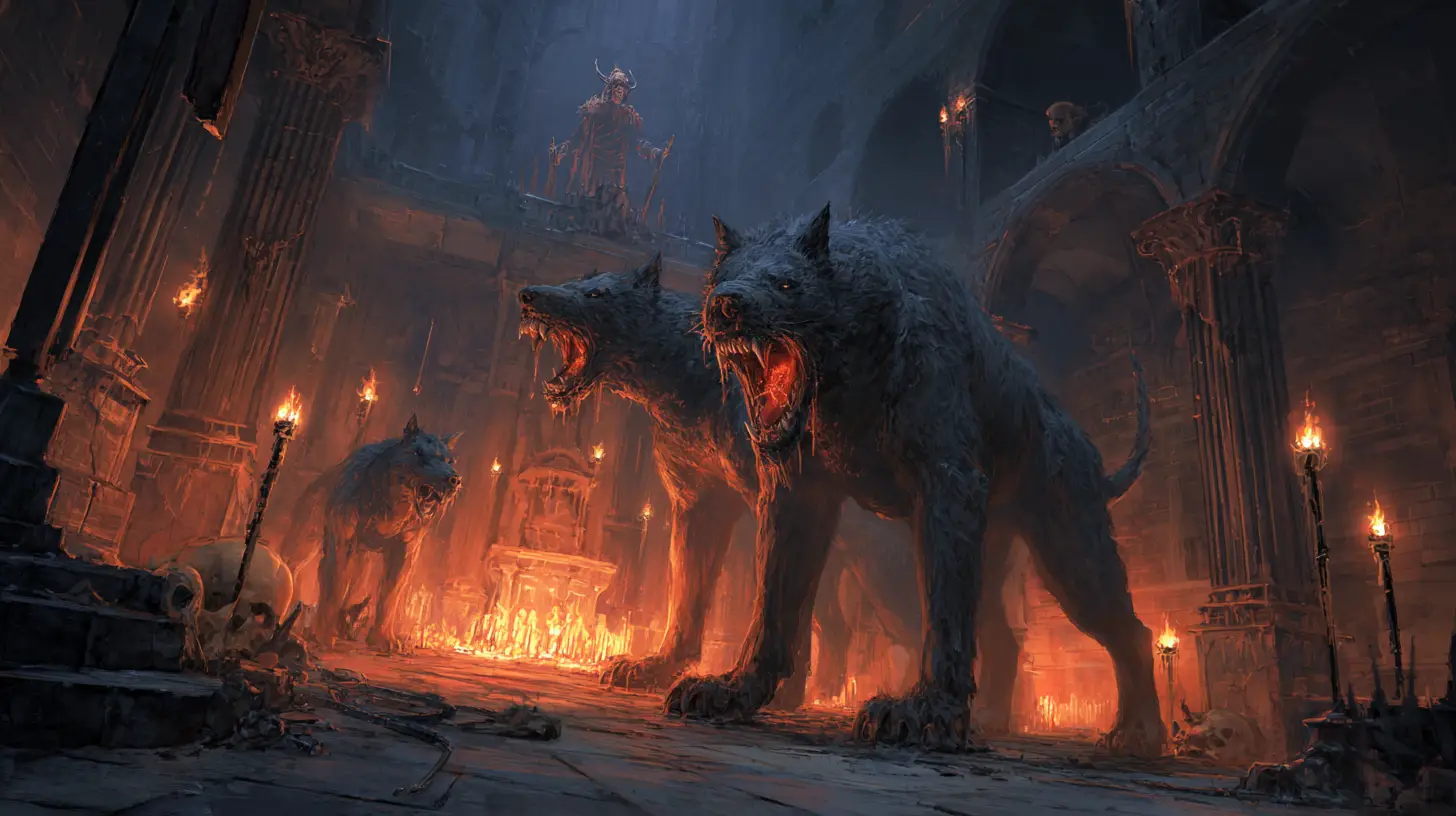 Cerberus unleashing demonic terror in a ruined cathedral