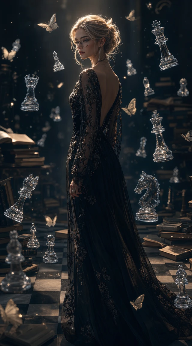 Elegant woman on a dark chessboard with floating pieces