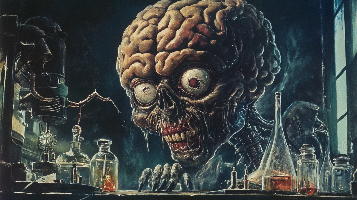 Giant one eyed brain monster in a sinister lab