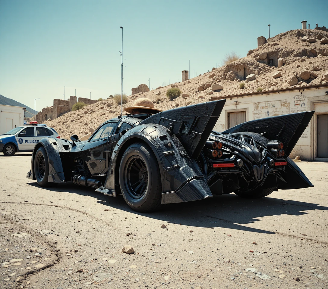 Futuristic black car in low angle view with police nearby