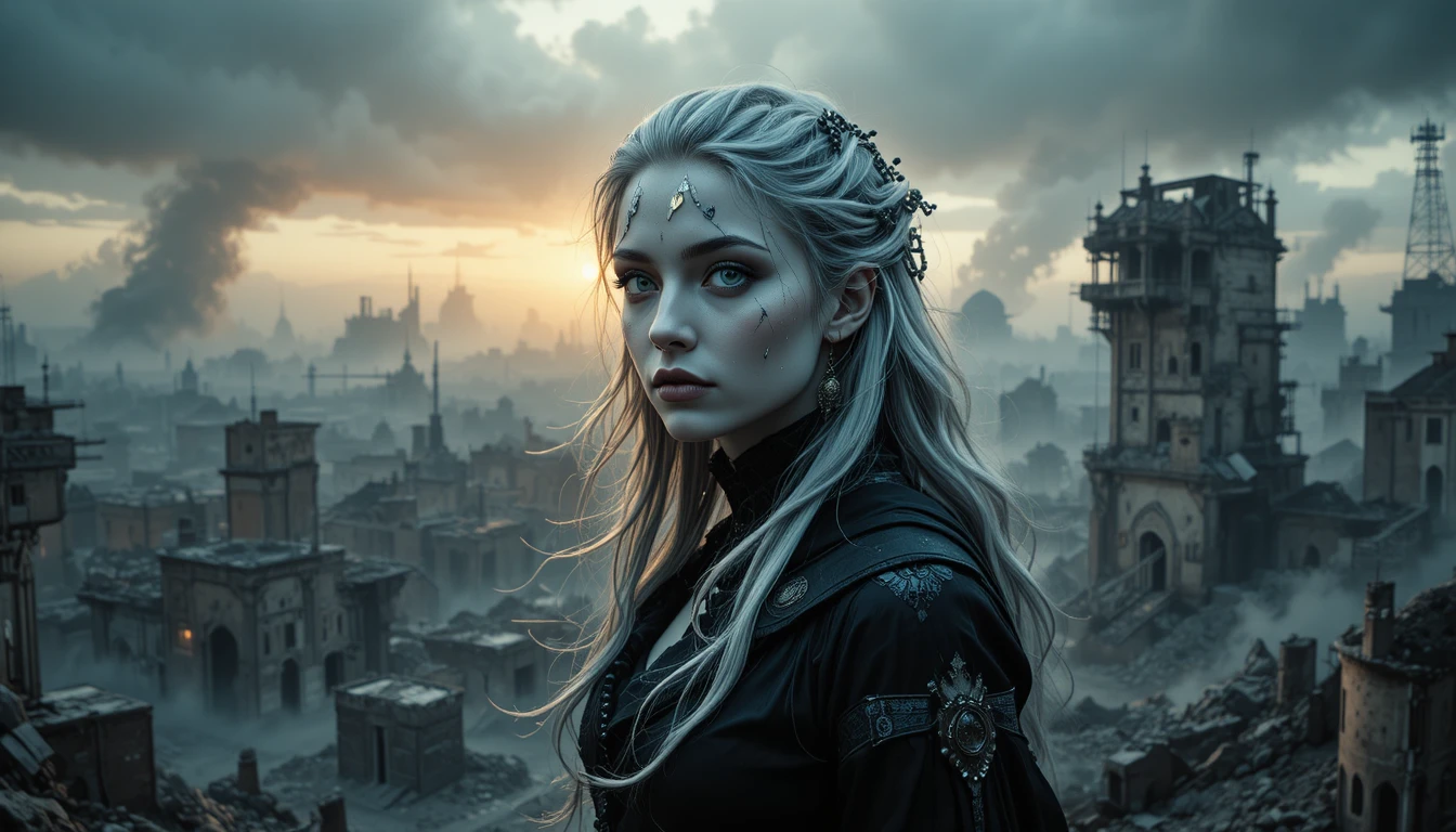 Ethereal woman before a futuristic Babylonian city at sunset