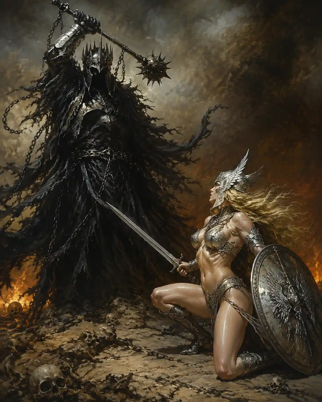 Warrior woman facing a towering dark warlord