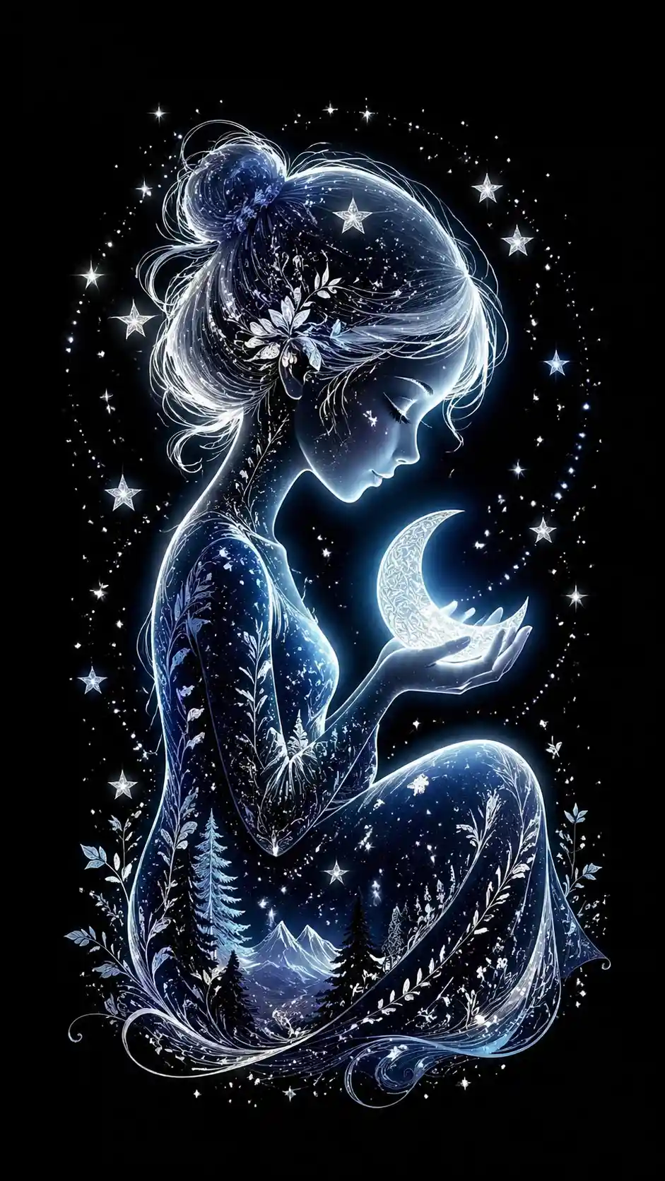 Glowing girl silhouette cradling a crescent moon in space