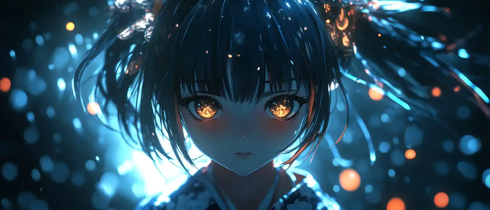 Sad 3D anime girl with glowing unearthly eyes in darkness