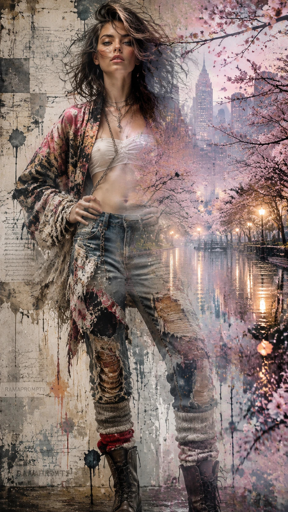 Surreale Fashionfrau, die sich in einer urbanen Collage auflöst