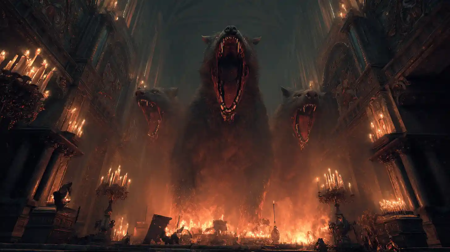 Three headed hellhound roaring in a ruined gothic cathedral