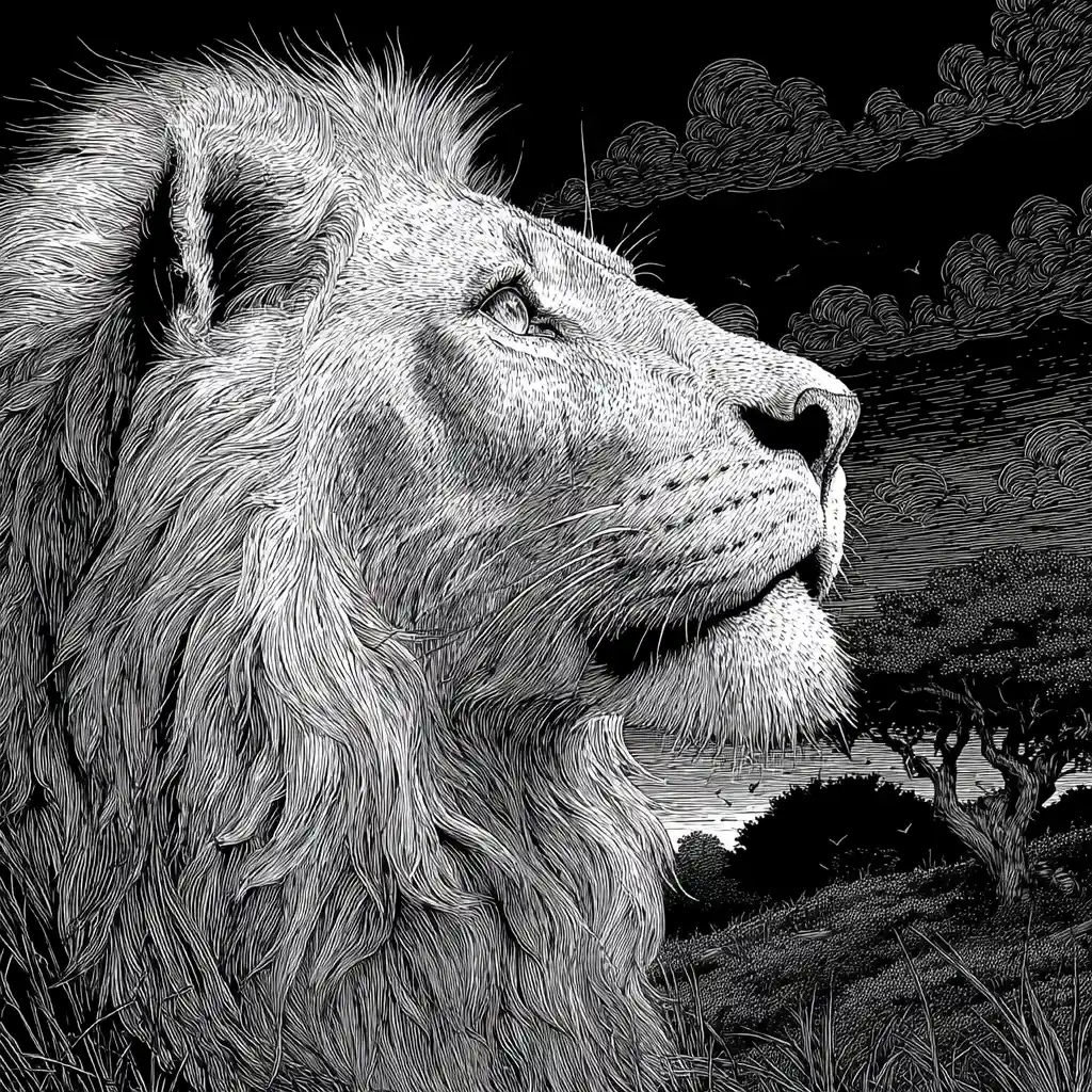 Filigrane Line-Art-Illustration eines majestätischen Löwen