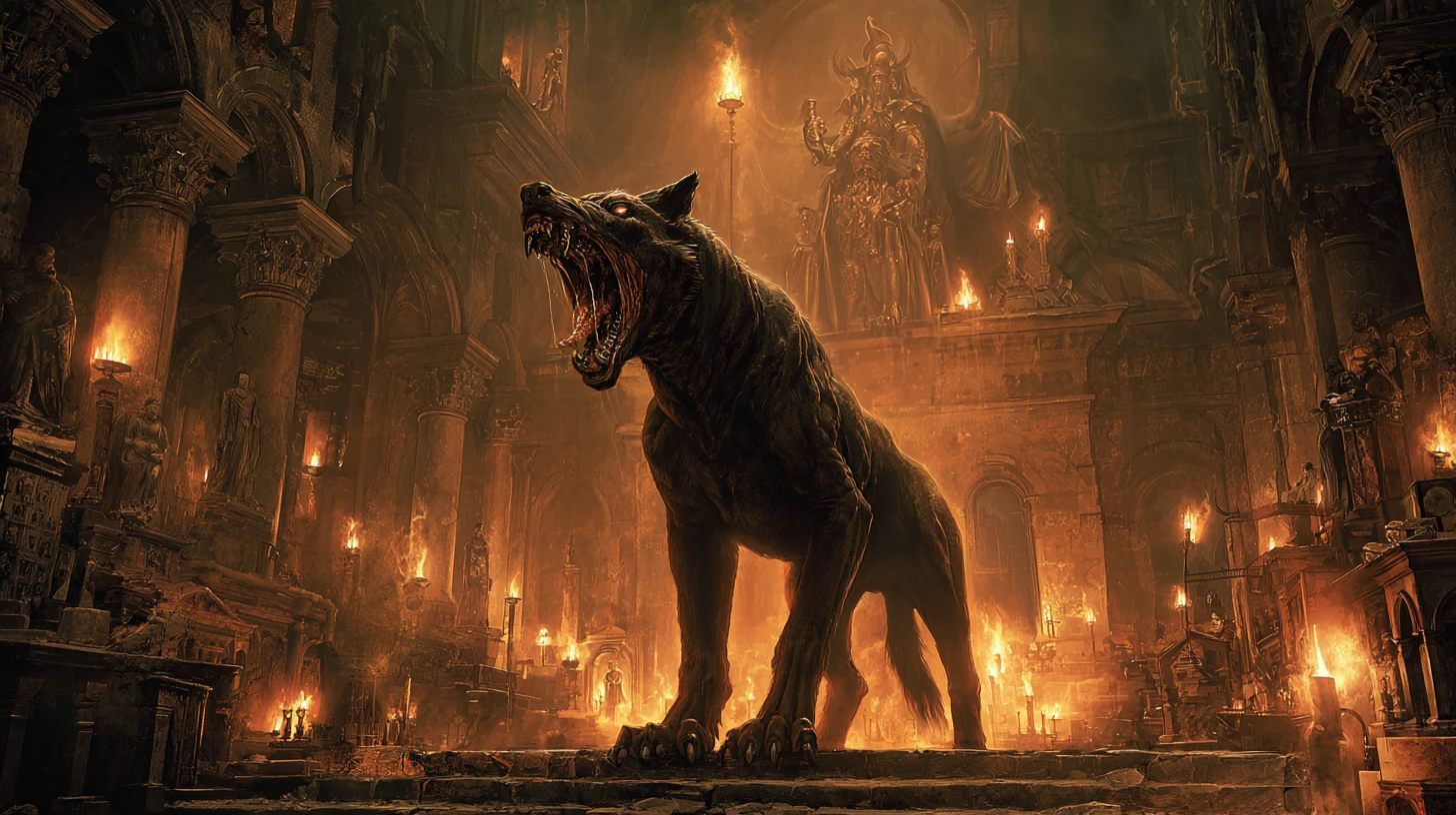 Three headed hellhound roaring in a burning gothic cathedral