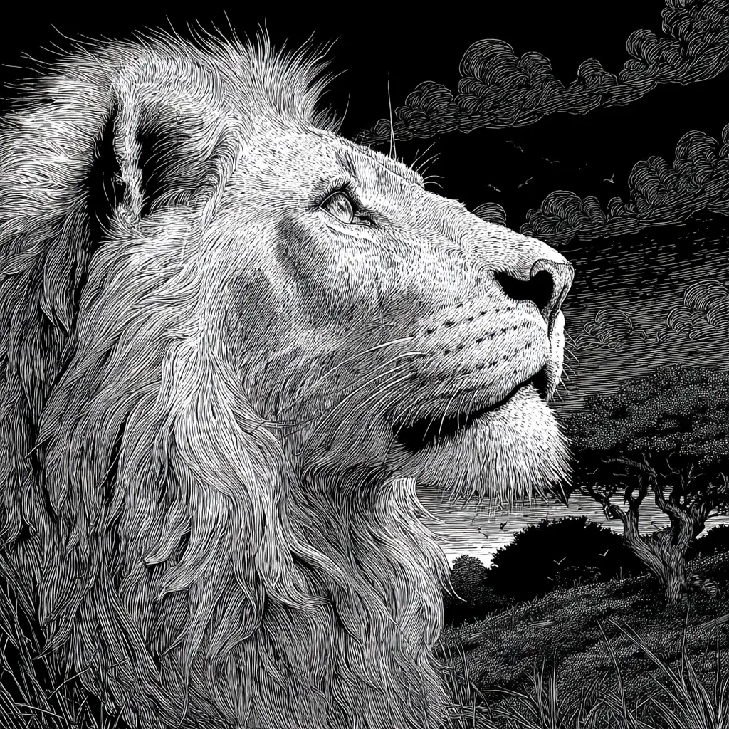 Intricate line art illustration of a majestic lion