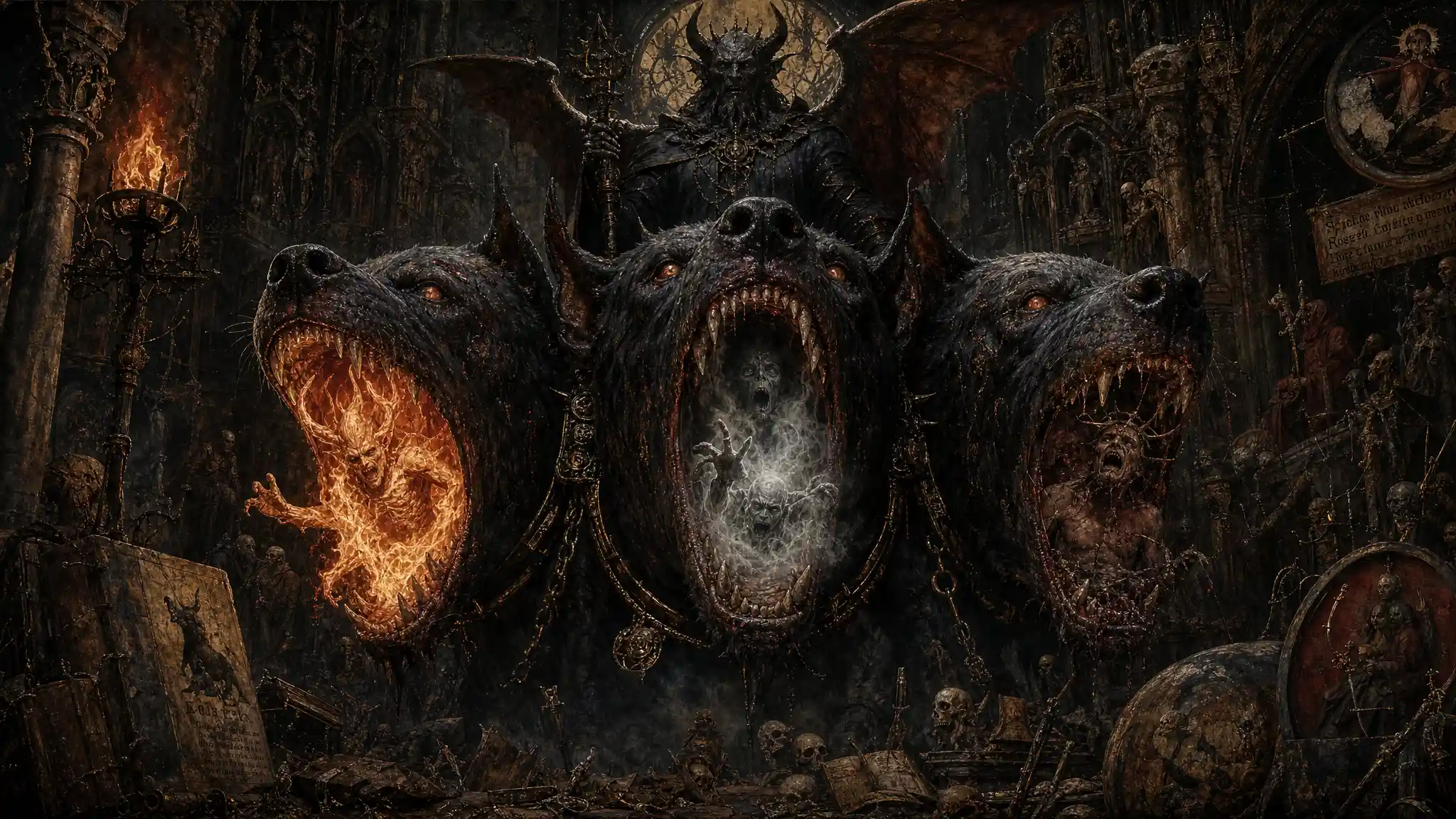 Three headed hellhound roaring inside a ruined cathedral