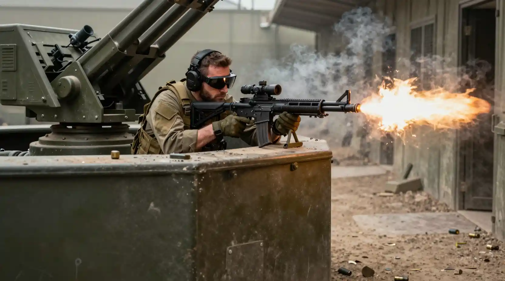 Soldier firing heavy machine gun in dusty camp corridor