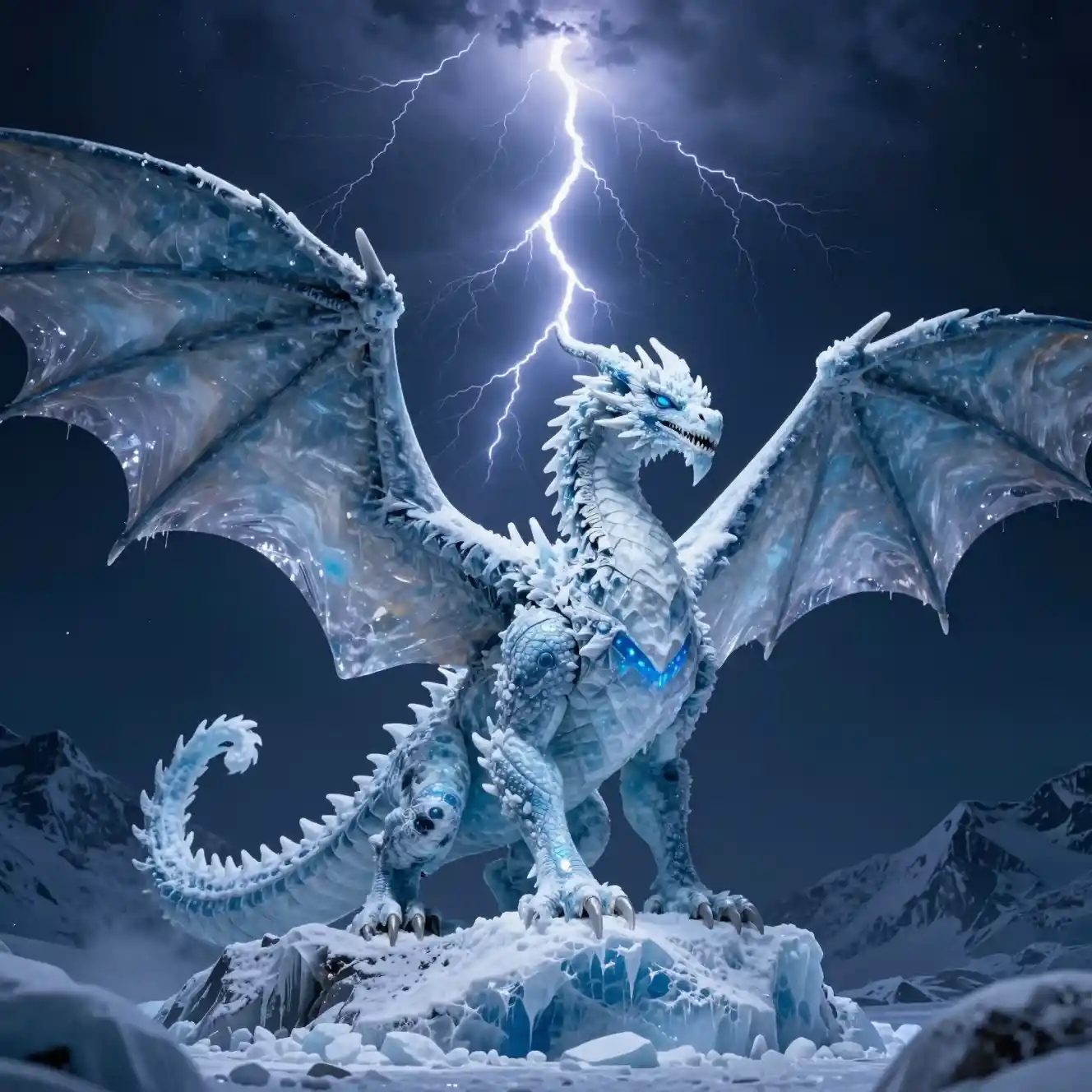 Massive ice dragon with wings spread under stormy night sky
