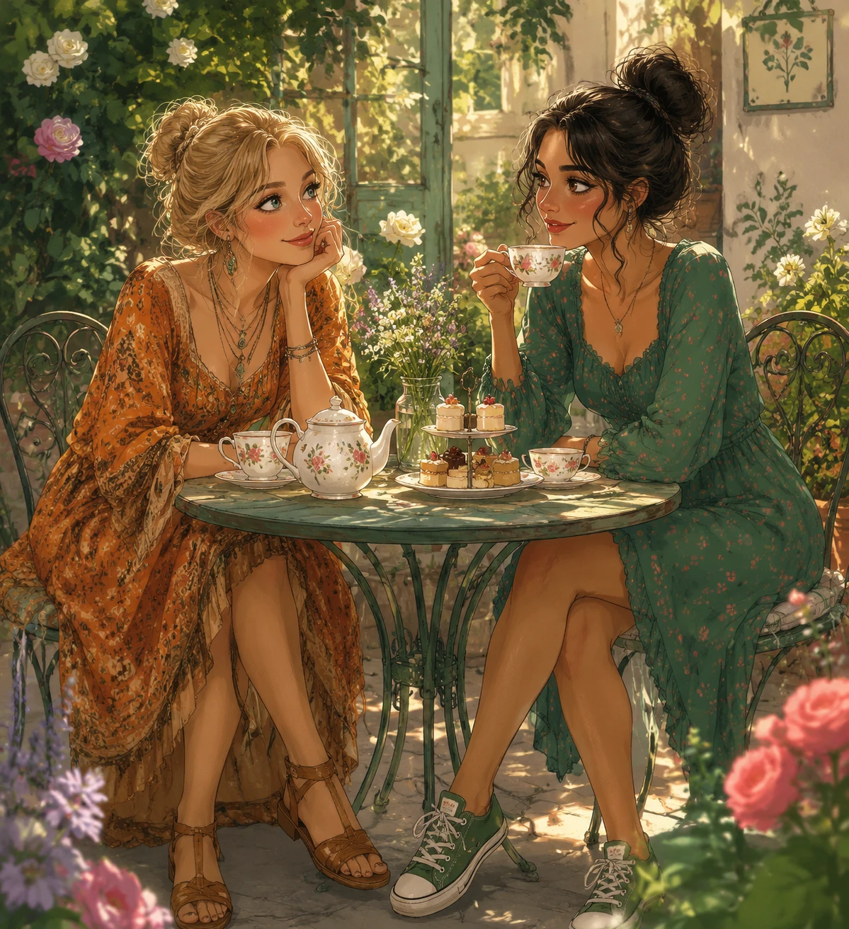 Dos amigas compartiendo té en una acogedora mesa de jardín