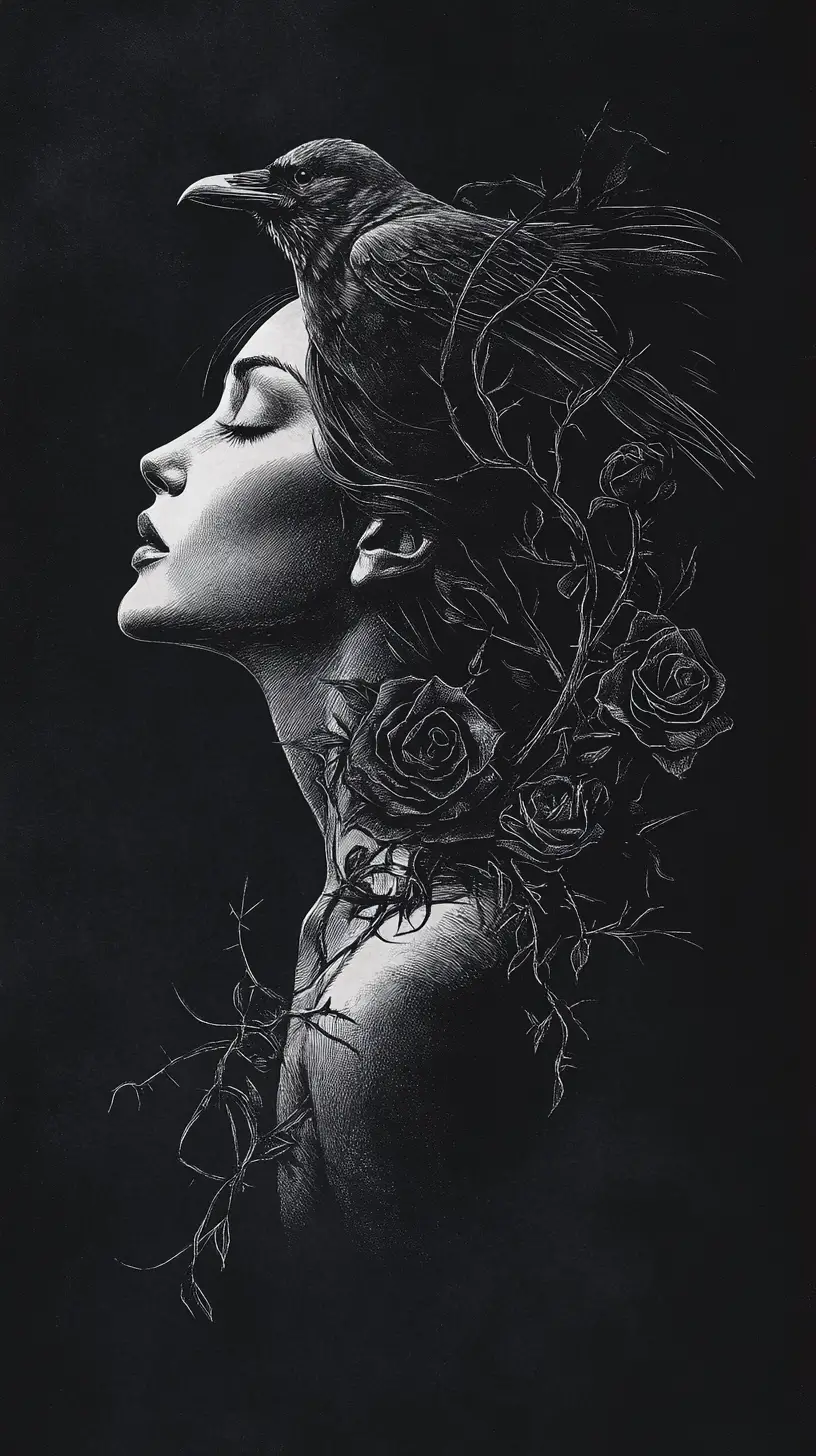 Dark feminine profile merging with raven and black roses