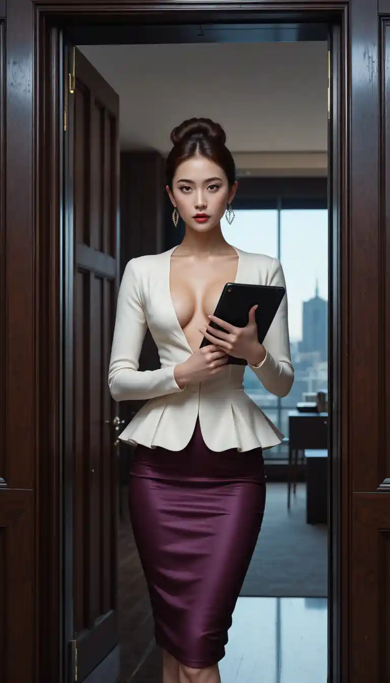 Confident Korean assistant in doorway of executive office