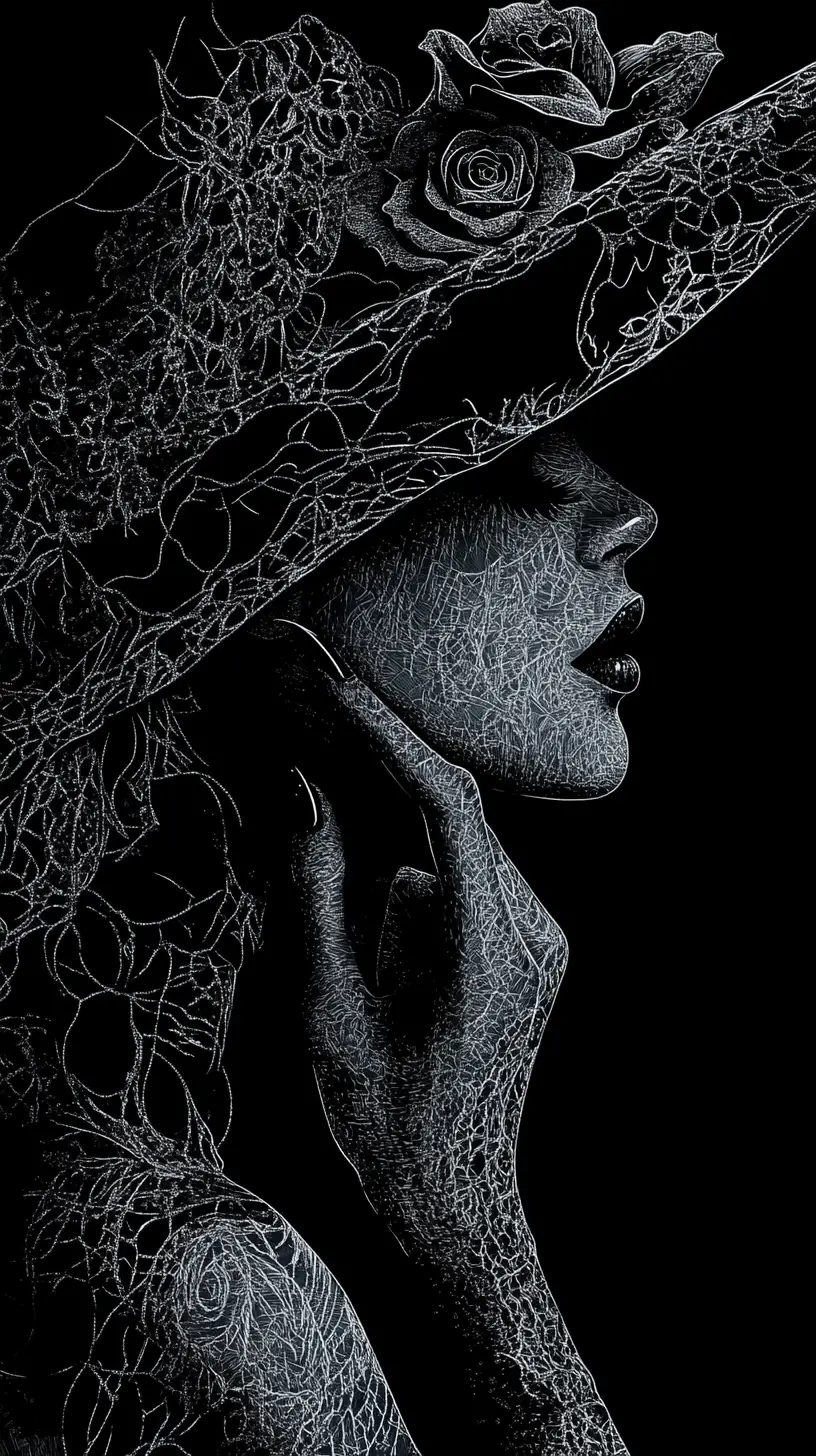 Elegant veiled sorceress in gothic profile line art