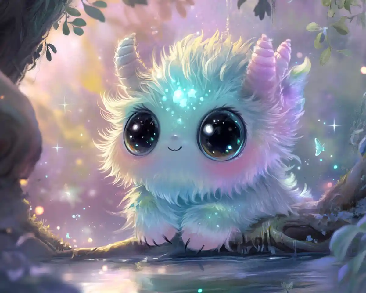 Playful chibi fantasy creature by a glowing magical tree