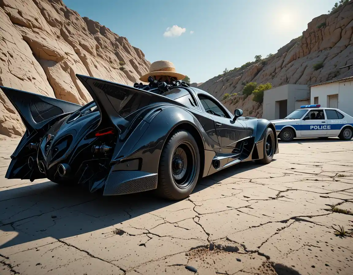 Futuristic black car with exposed cockpit under bright sun