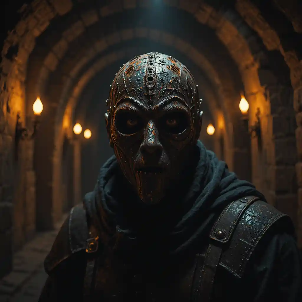 Mysterious man in an iron mask inside a dark dungeon
