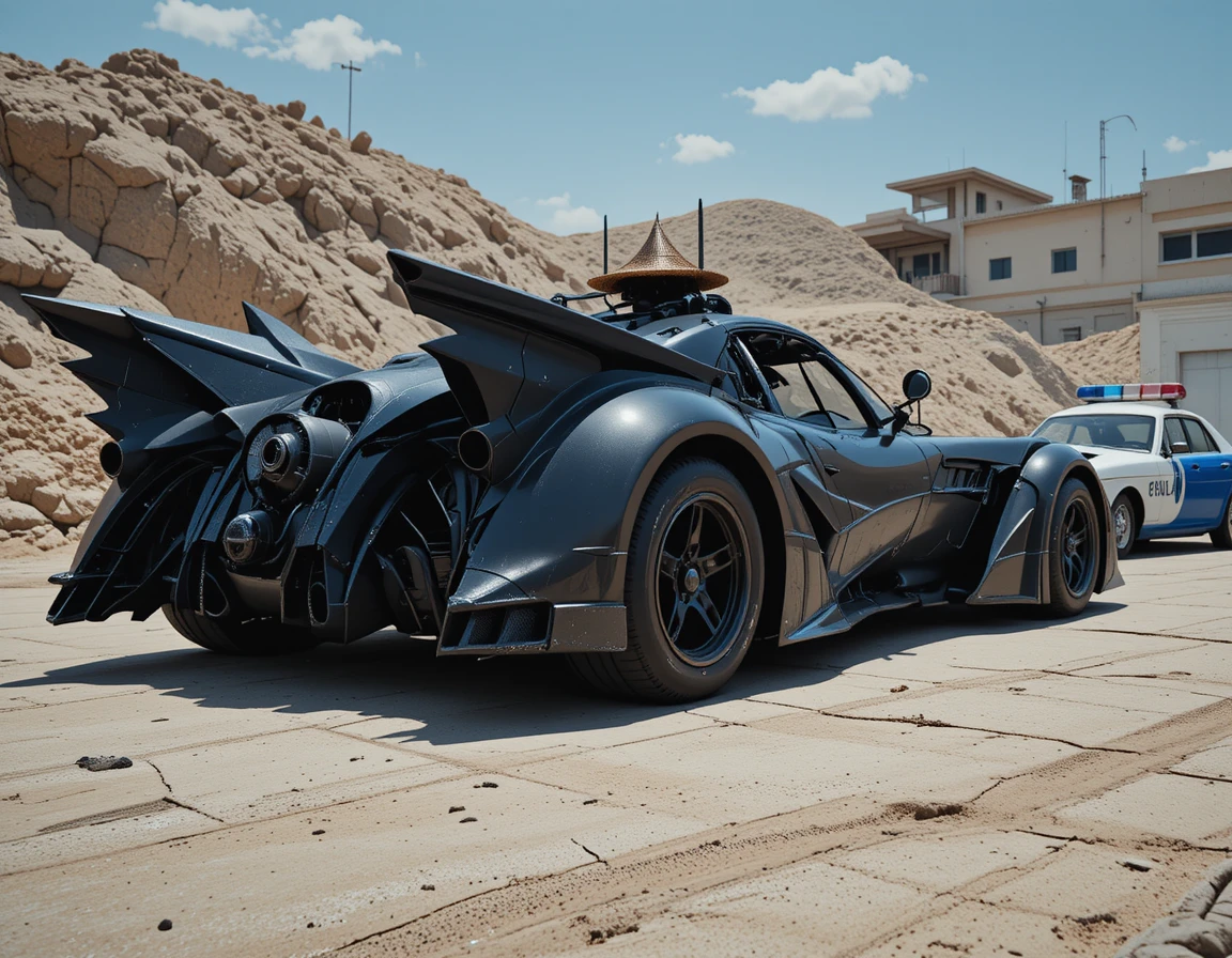 Futuristic black car with open canopy on sunny street
