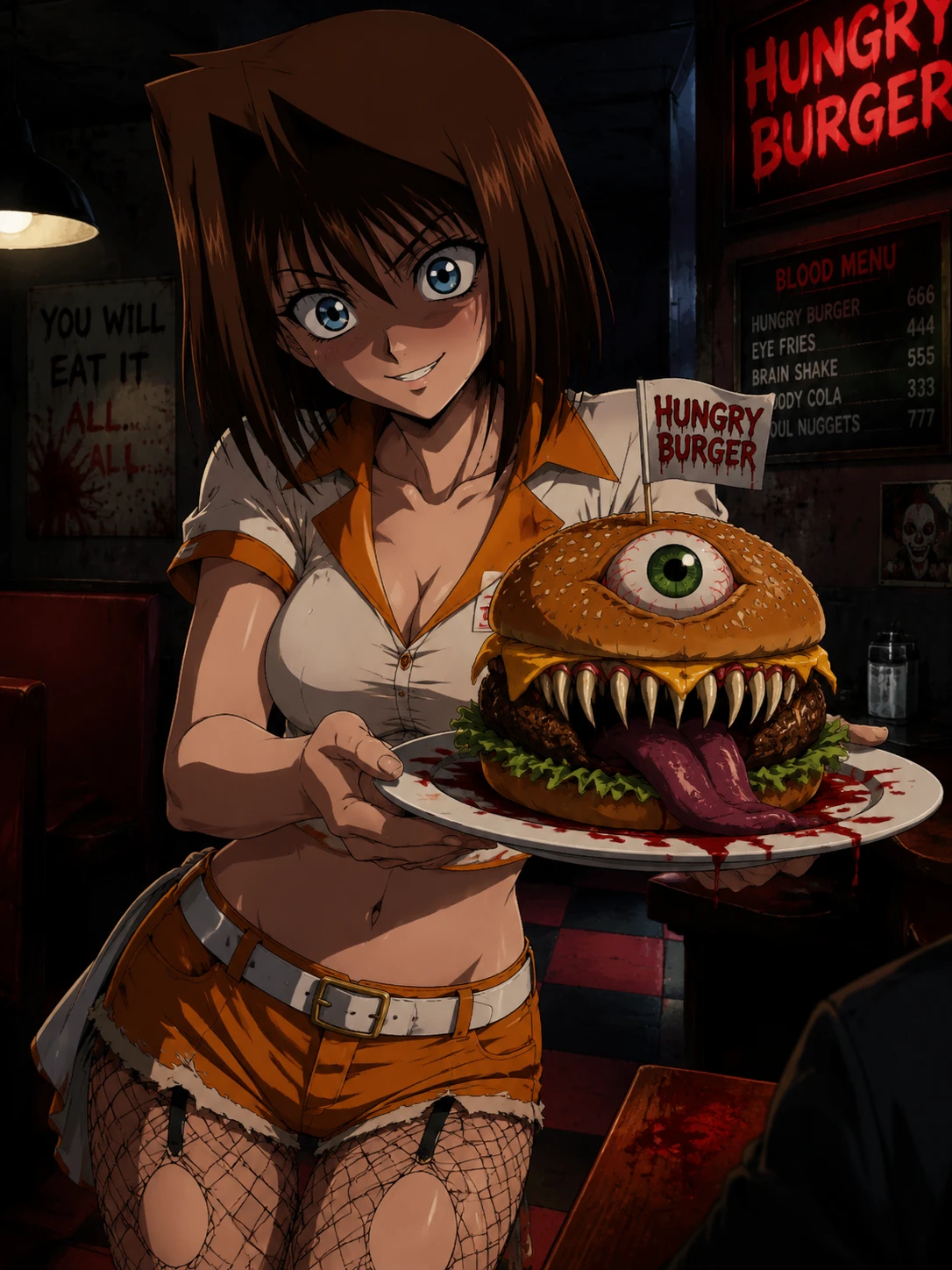 Yandere anime waitress serving a monstrous burger in diner