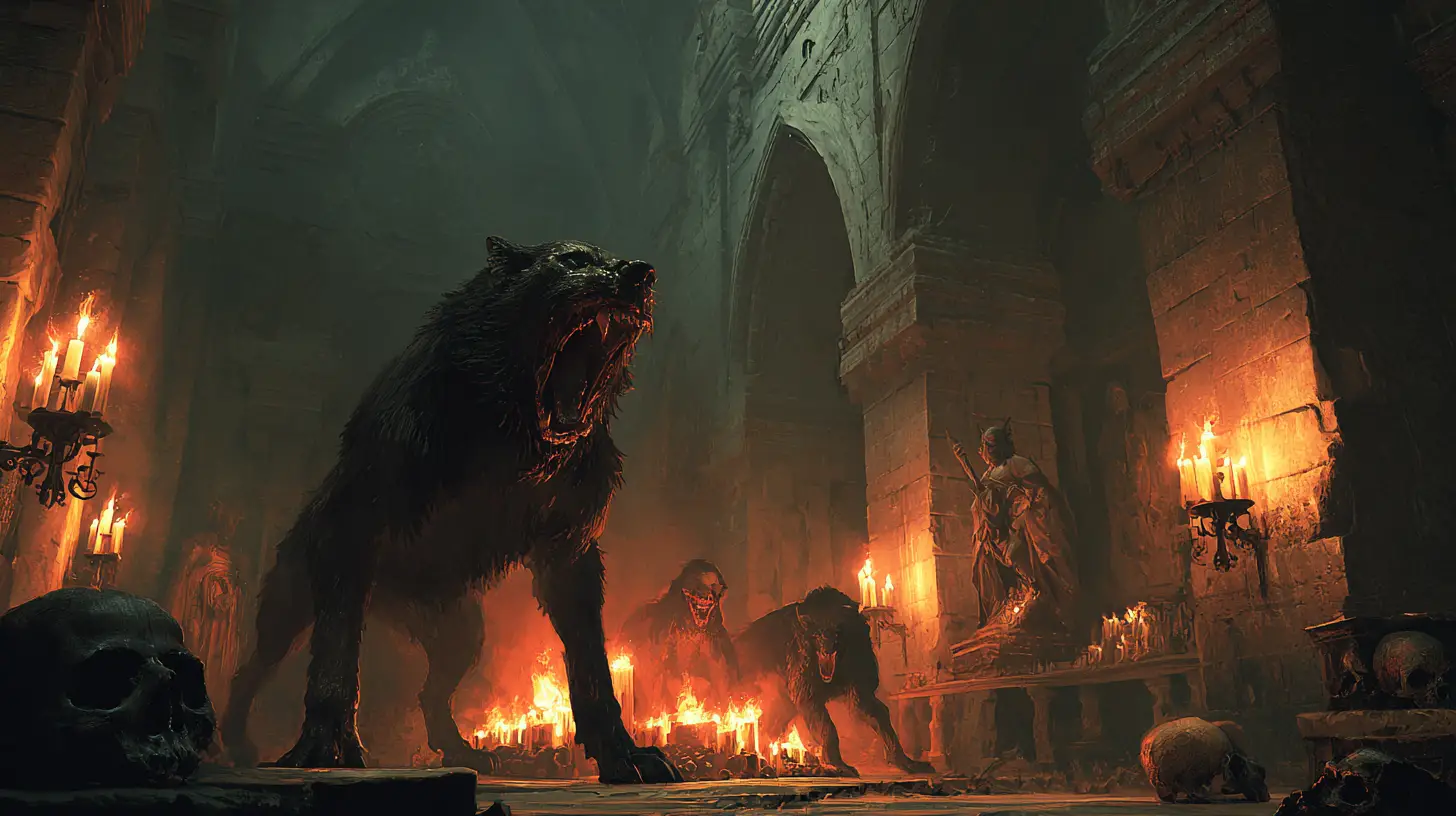 Cerberus unleashing demonic horrors in a ruined cathedral