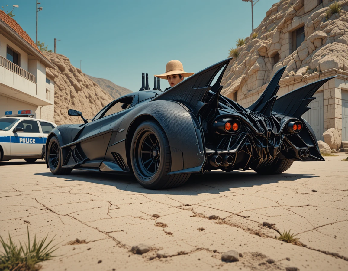 Futuristic black car with open canopy in bright sunlight