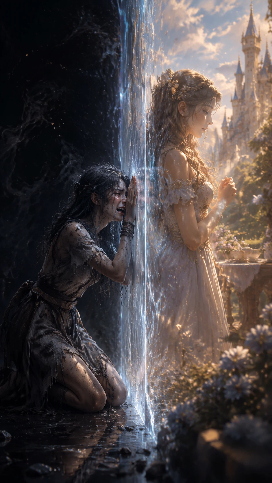 Two girls divided by a barrier between dark parallel worlds
