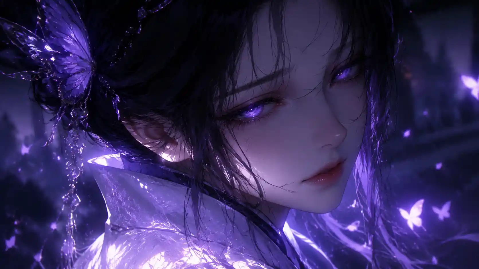 Close up 3D anime girl with glowing sorrowful eyes
