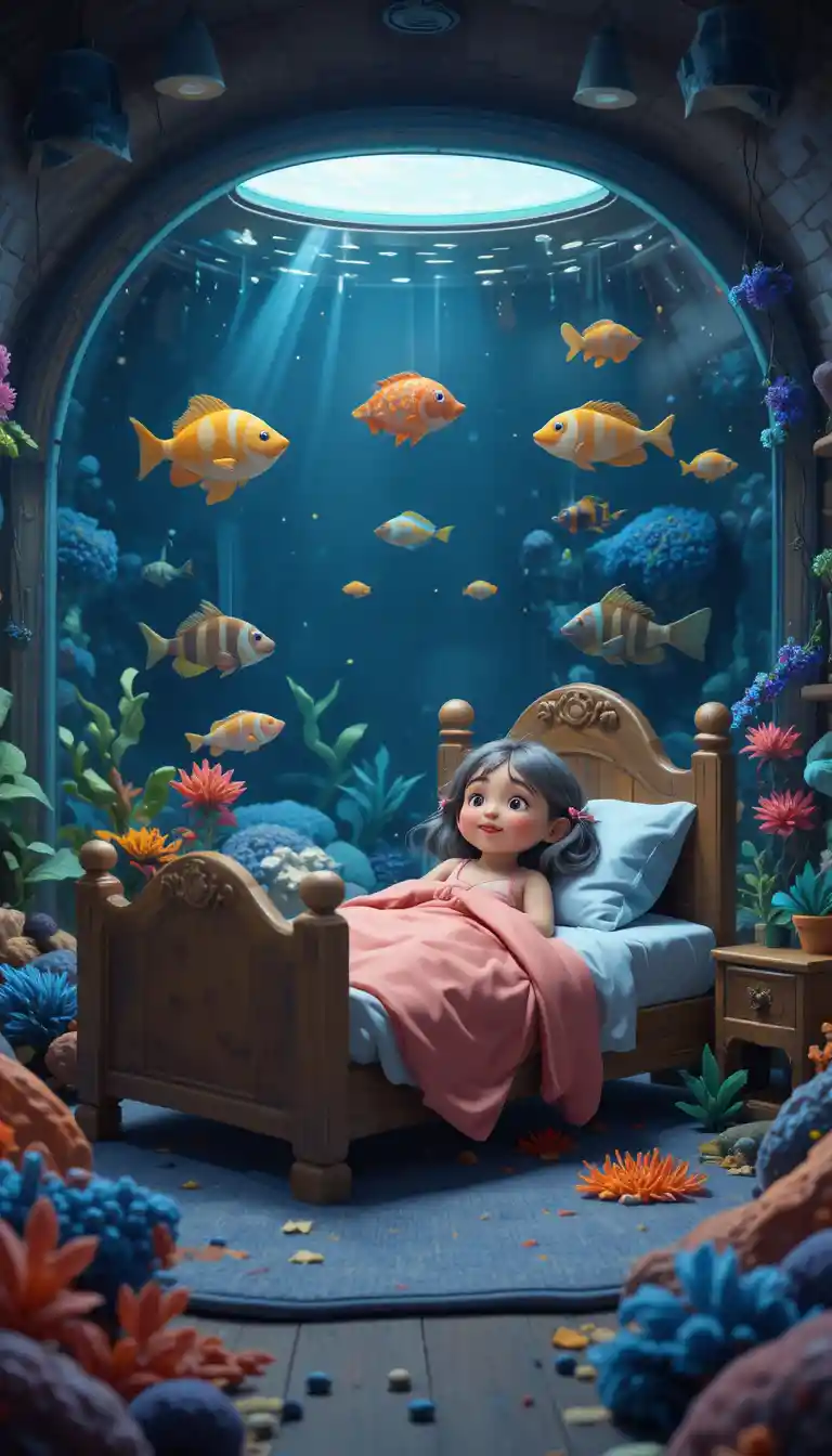 Playful children's illustration of a bright indoor aquarium