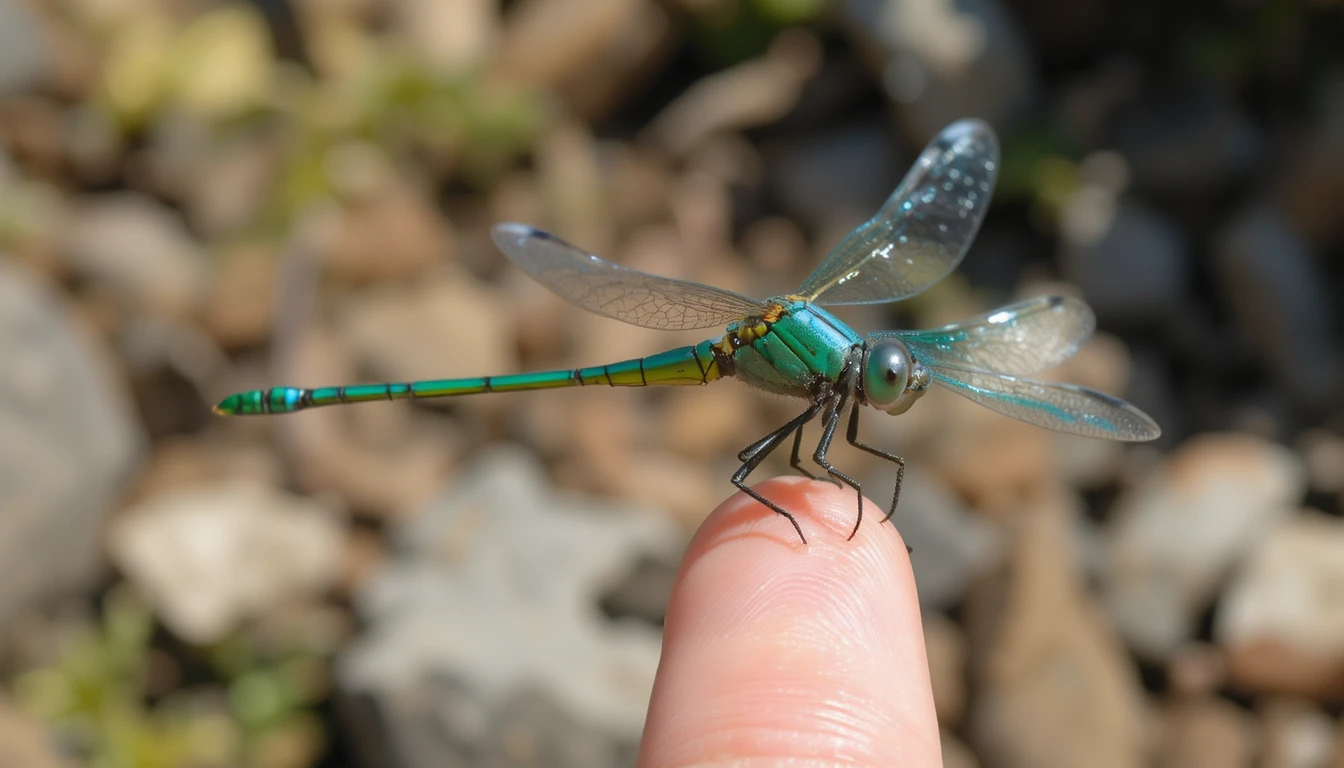 Close up dragonfly perched gently on a human finger