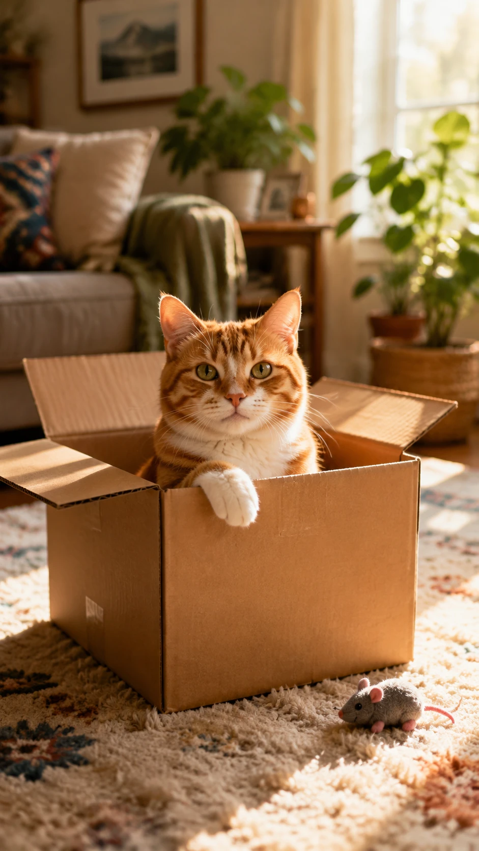 Rote Katze sitzt in einem Karton im sonnendurchfluteten Wohnzimmer