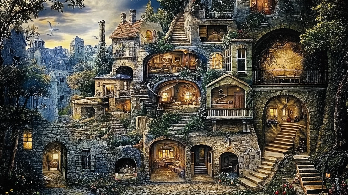 Paesaggio onirico surreale di scene di illusioni ottiche interconnesse