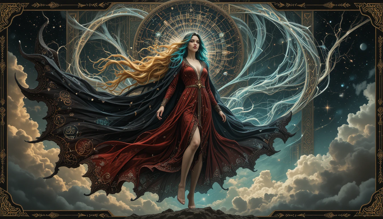 Abstract woman amid flowing geometric tiles and nature motifs