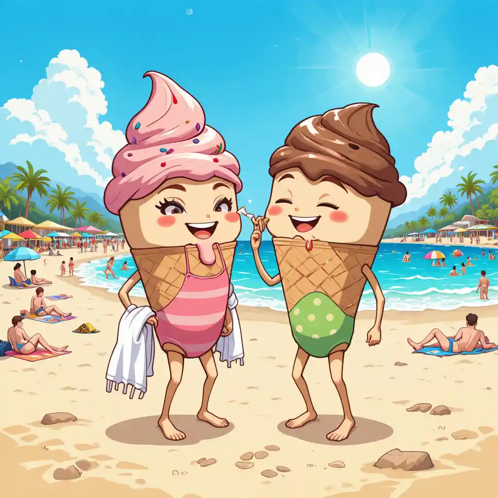 Cartoon ice cream cones sharing a playful moment on beach